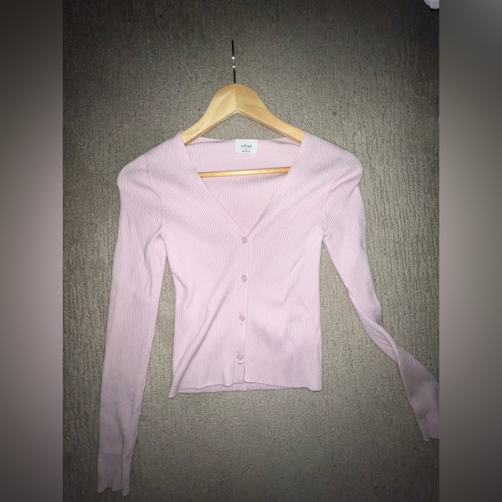 Aritzia Wilfred Pale Pink Ribbed V-Neck Button Cardigan